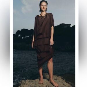 Zara Brown Layered Ruffle Maxi Dress